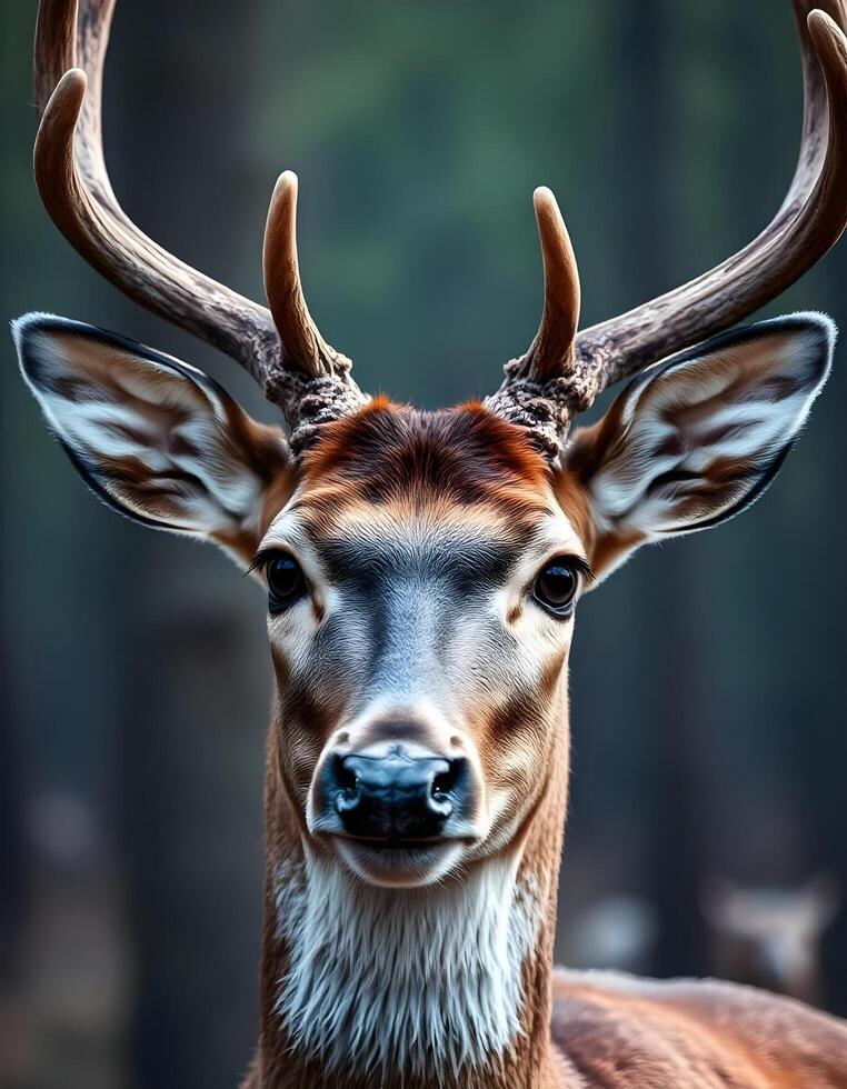 Close up shot of a male white tailed deer, emphasizing the velvet antlers and the clarity of his gentle eyes photo