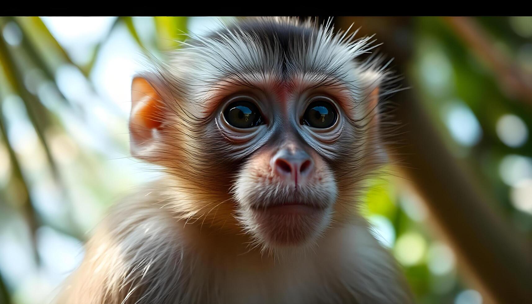 Male capuchin monkey portrait, focusing on his fine fur and sharp gaze against a tropical backdrop photo