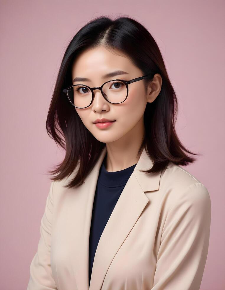 Chinese woman with glasses, highlighting intelligence and confidence in a minimalist setting photo