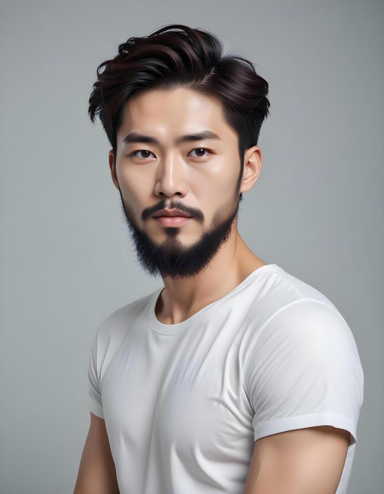 A man with a beard and a white t - shirt photo