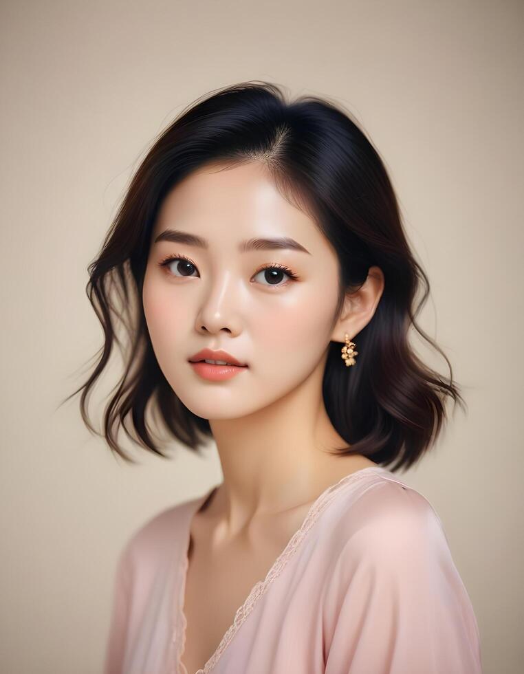 Korean girl with smooth, glowing skin and soft features in minimalistic portrait photo
