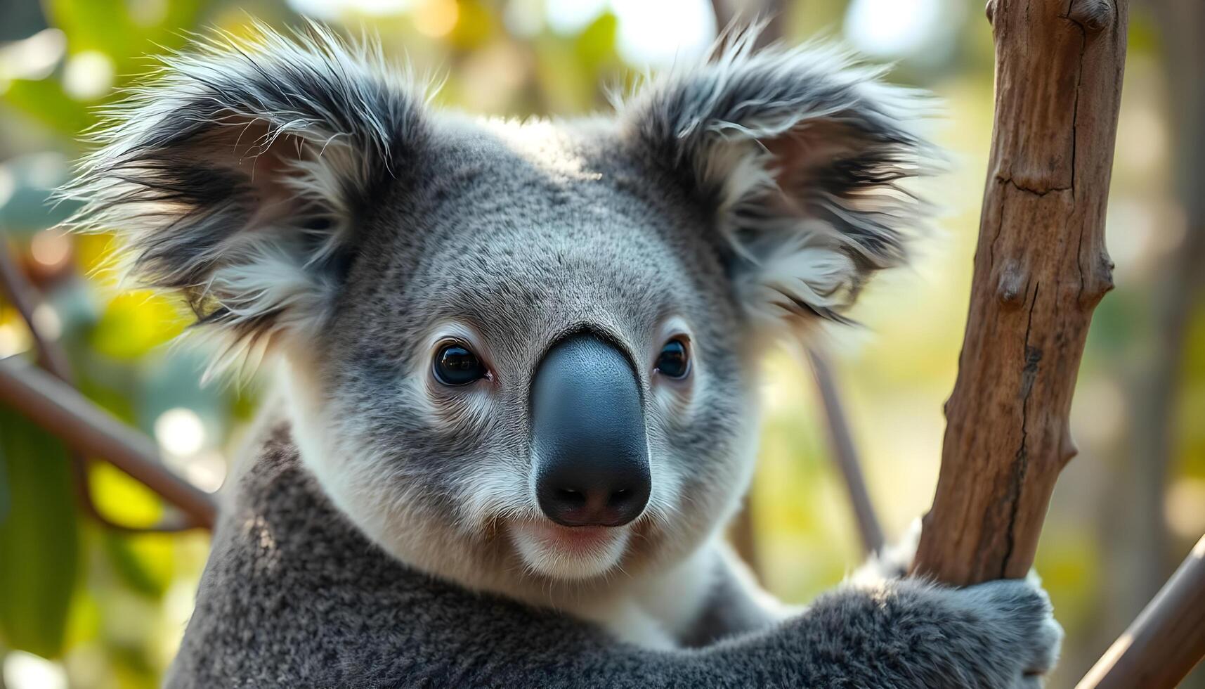 Male Koala in Eucalyptus Trees with Soft Expression and Fluffy Fur photo
