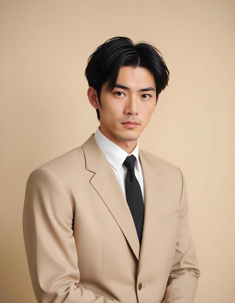 Japanese male model with composed expression, standing against a plain background photo