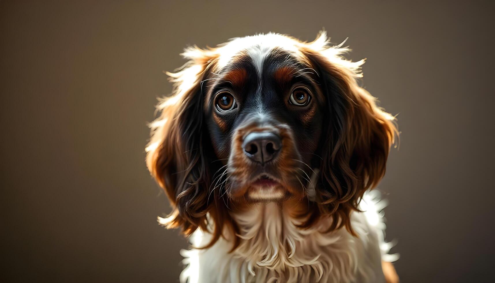 Focused Portrait of a Picardy Spaniel with Brown Eyes and Feathered Coat photo