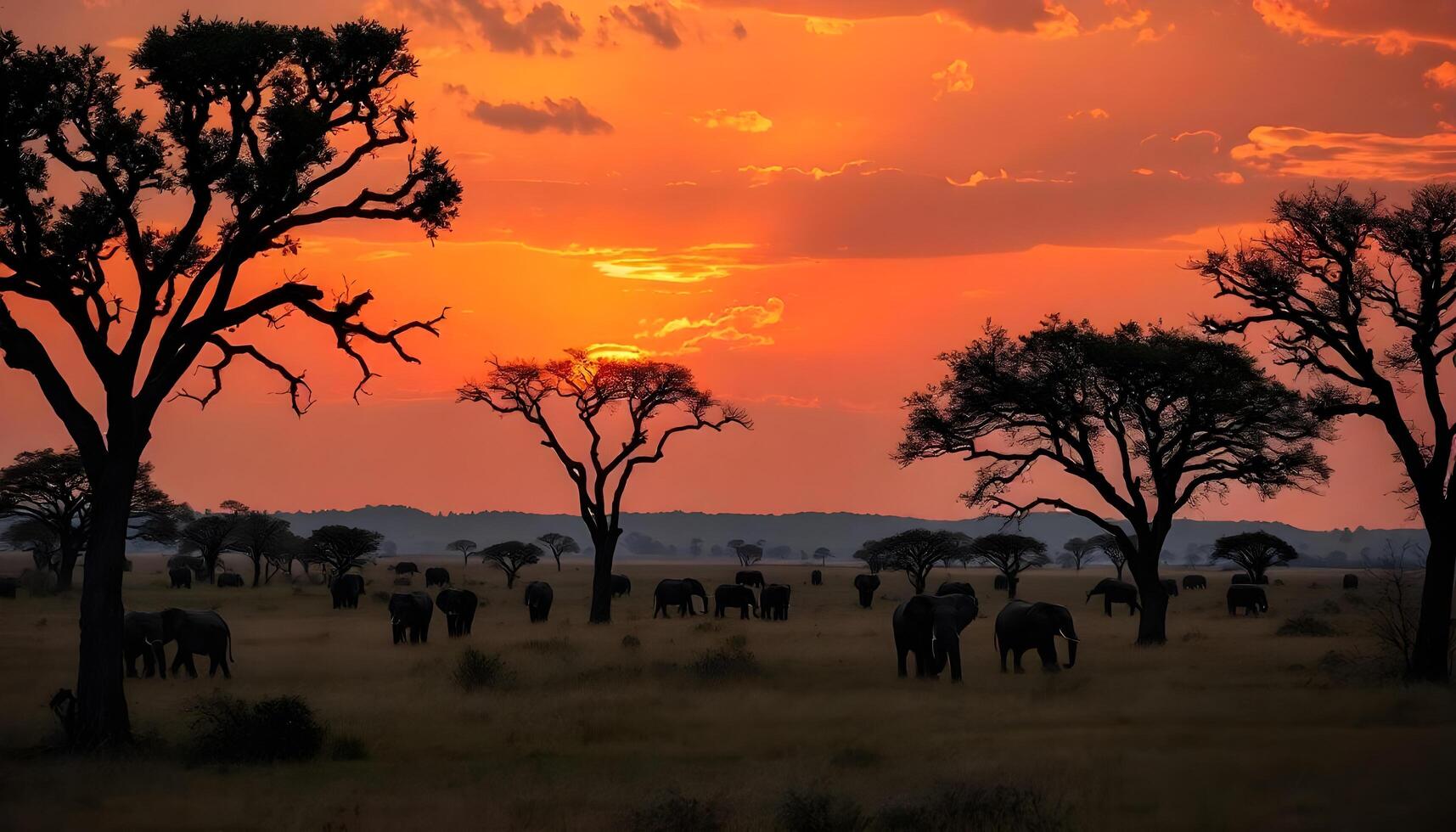 Savanna at golden hour, with acacia trees and elephants grazing under an orange sky photo