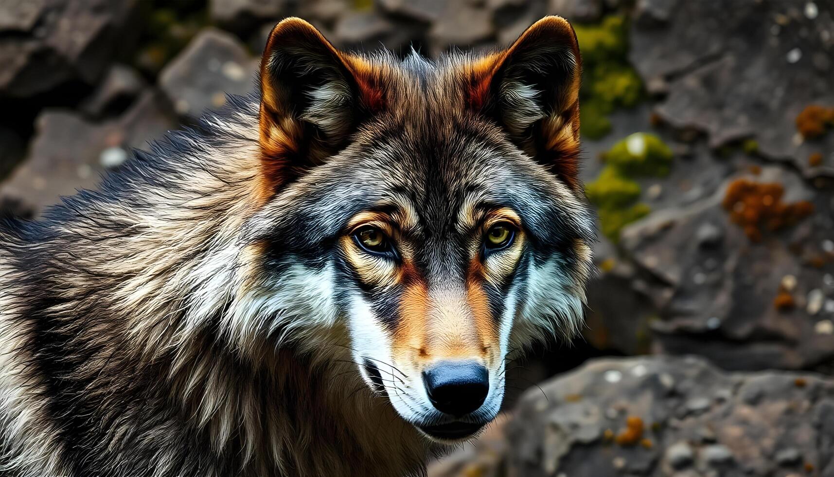 Close up of a gray wolf against rocky terrain, showcasing its rugged coat and piercing gaze photo
