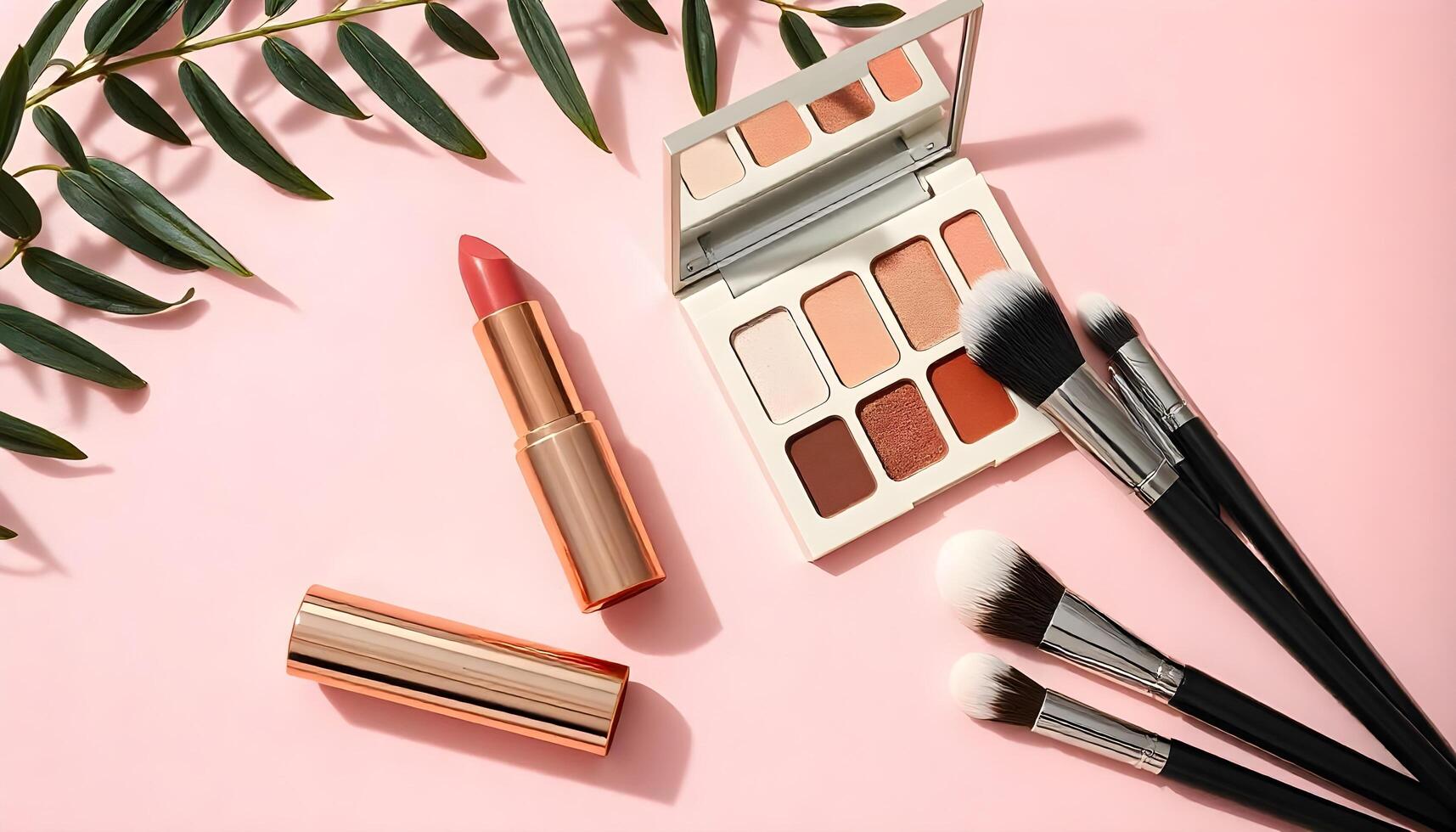 Makeup set display with sheer lipsticks, pastel eyeshadows, and brushes on a matte pink background photo