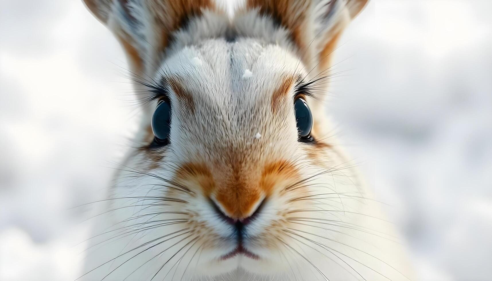 Female snowshoe hare with large eyes and white fur, set against a snowy backdrop photo