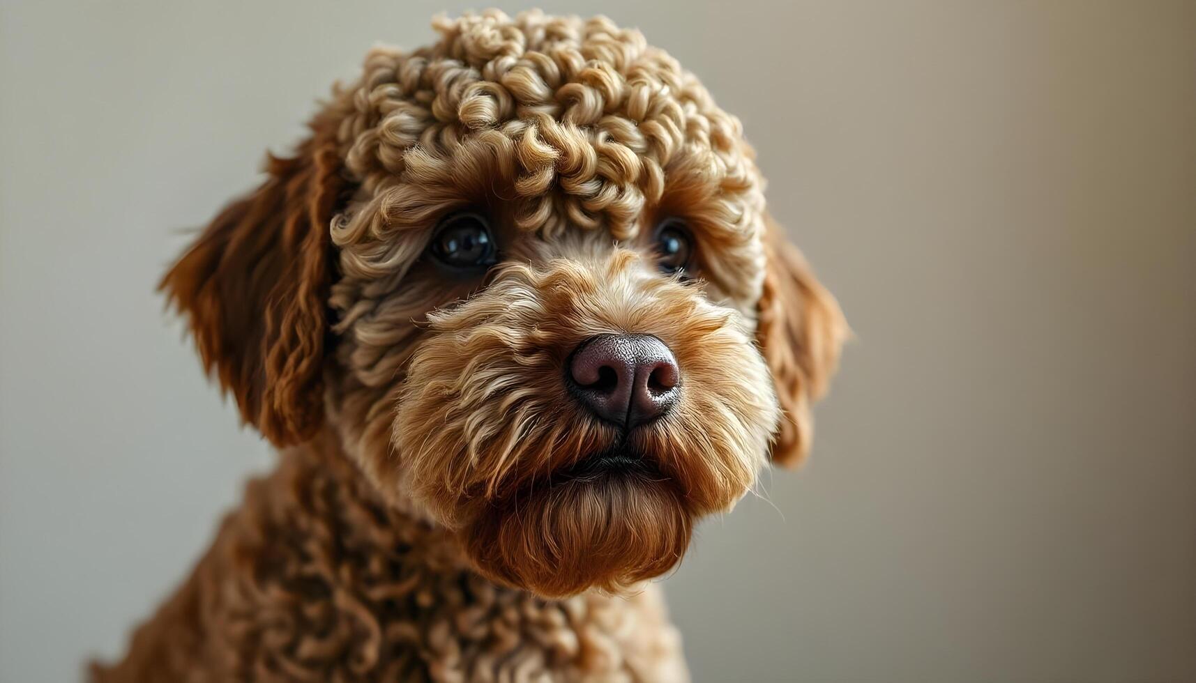 Close up of Lagotto Romagnolo with curly coat and calm demeanor in soft lighting photo