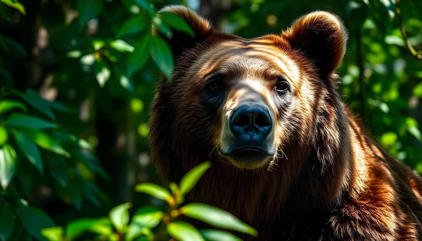 Brown bear in a lush forest with dappled sunlight on its fur photo