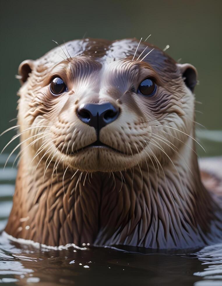 Portrait of a female river otter with bright eyes and wet fur, captured by the river photo