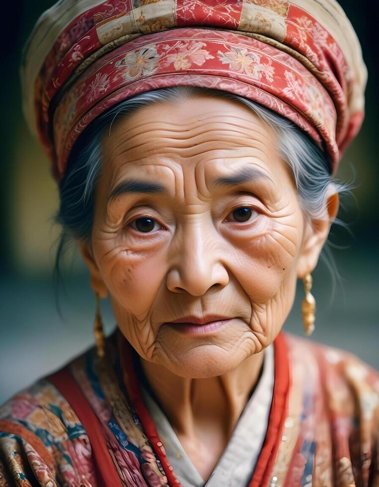 Elderly woman with wrinkles and serene expression in traditional attire photo