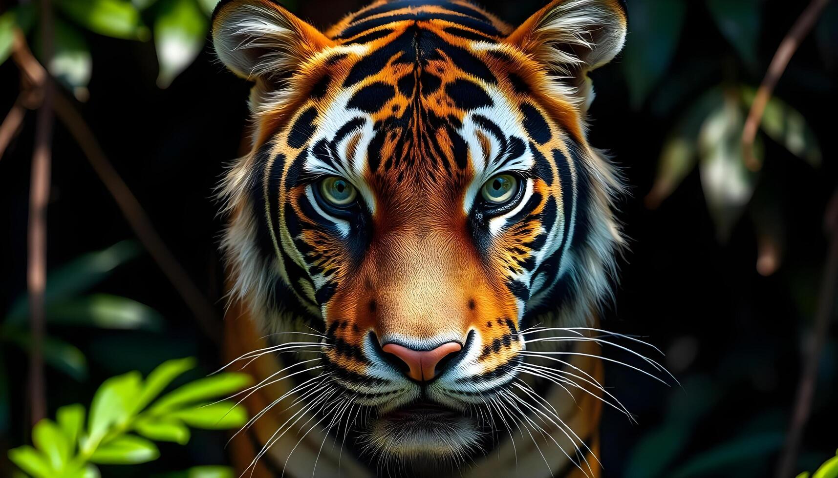 Portrait of a tiger, showcasing its powerful gaze, bold striped coat, and intense expression, with moody jungle lighting enhancing its presence photo