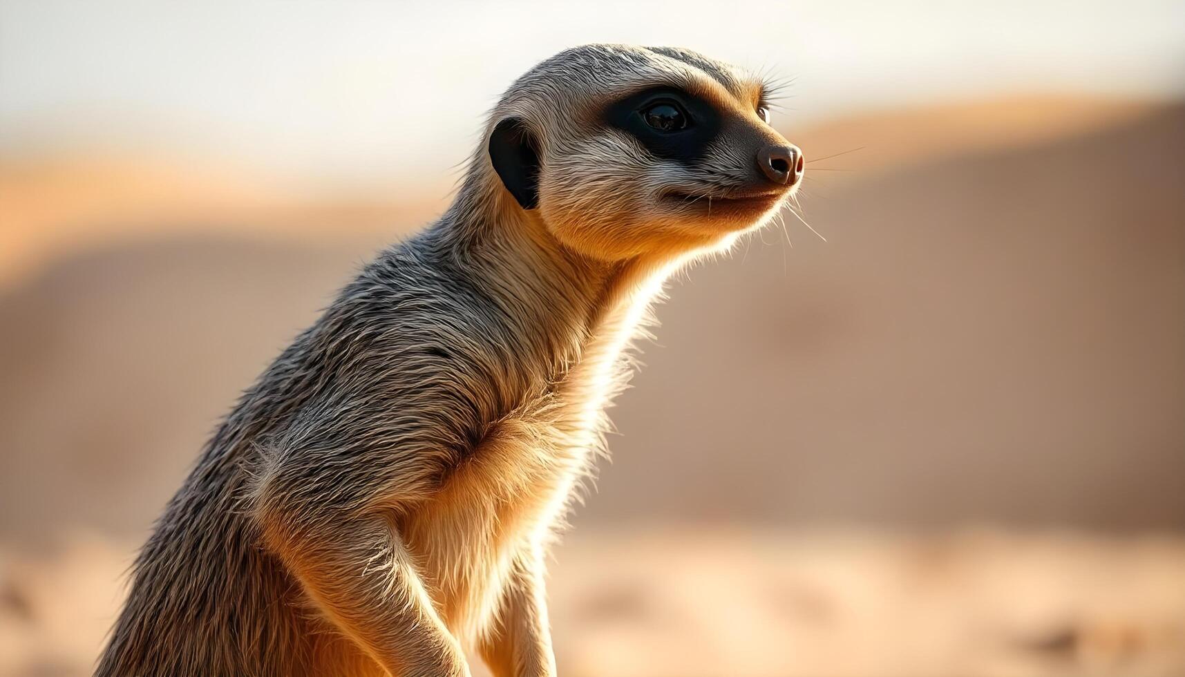 Portrait of a meerkat, showcasing her inquisitive stance, fine fur details, and the warm earthy tones of the desert in the background photo