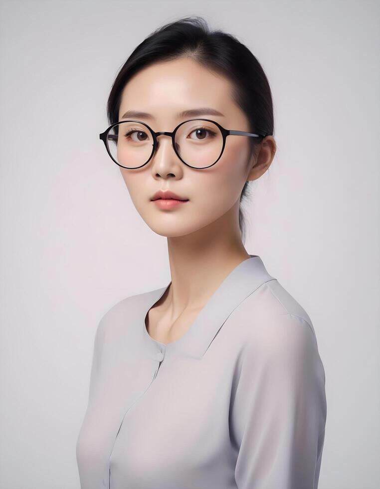 Chinese woman in glasses, radiating intellectual charm and confidence in a plain background photo