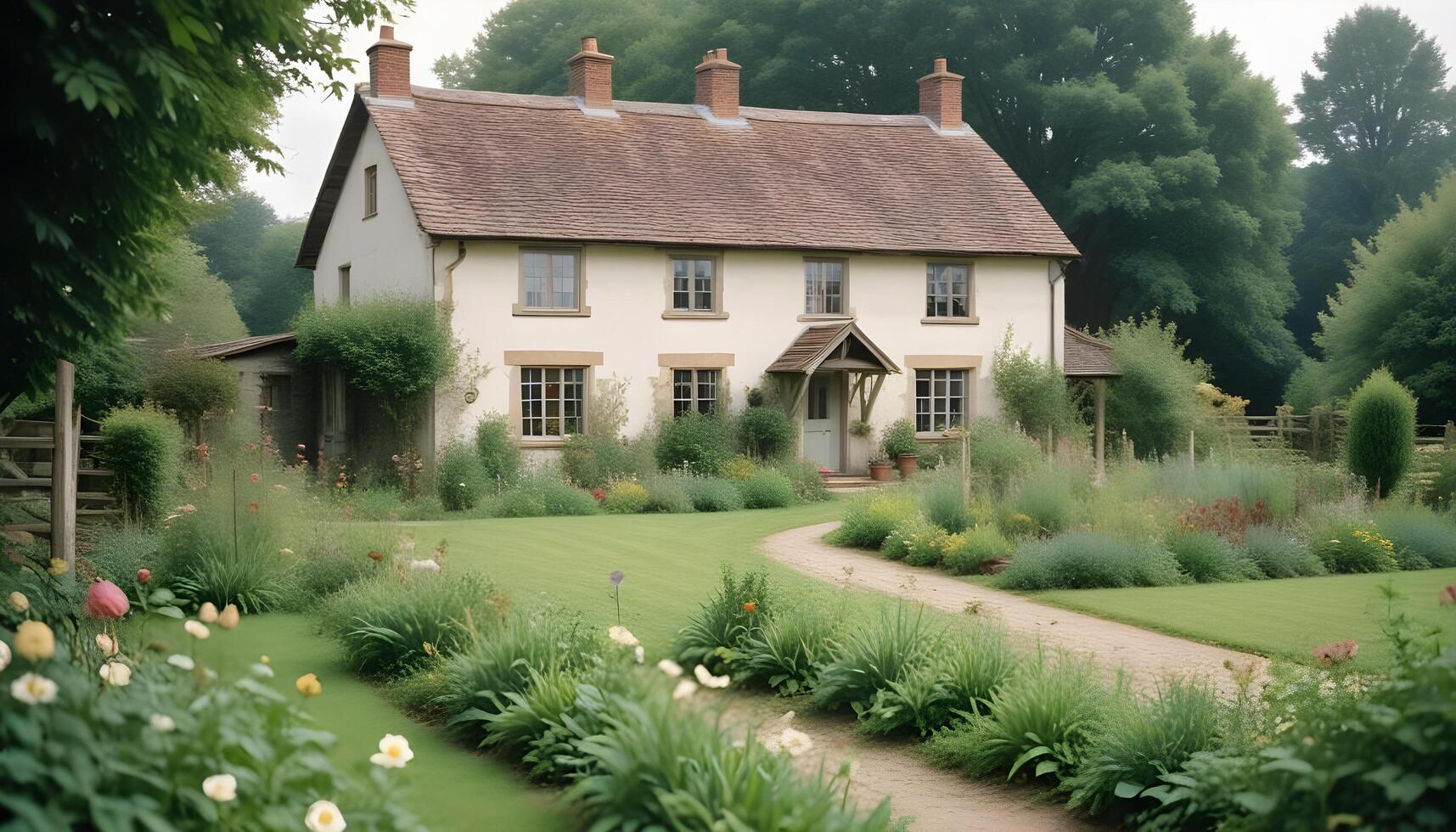 Serene farmhouse nestled in a vibrant garden, surrounded by countryside beauty photo