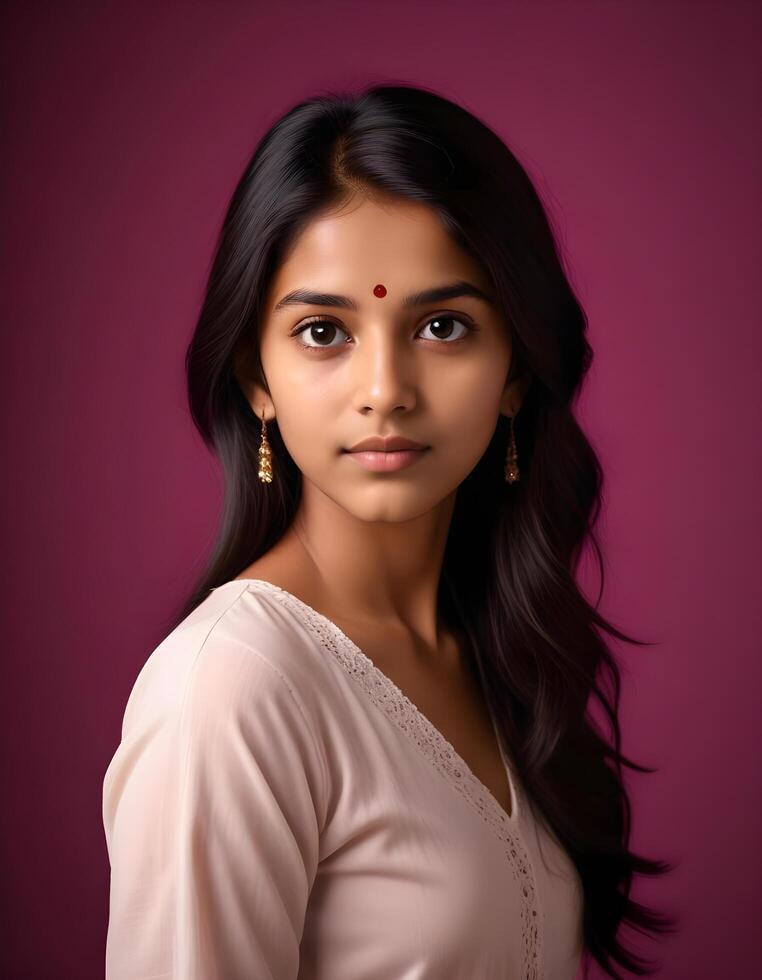 Portrait of an Indian girl with a striking look against a neutral backdrop photo