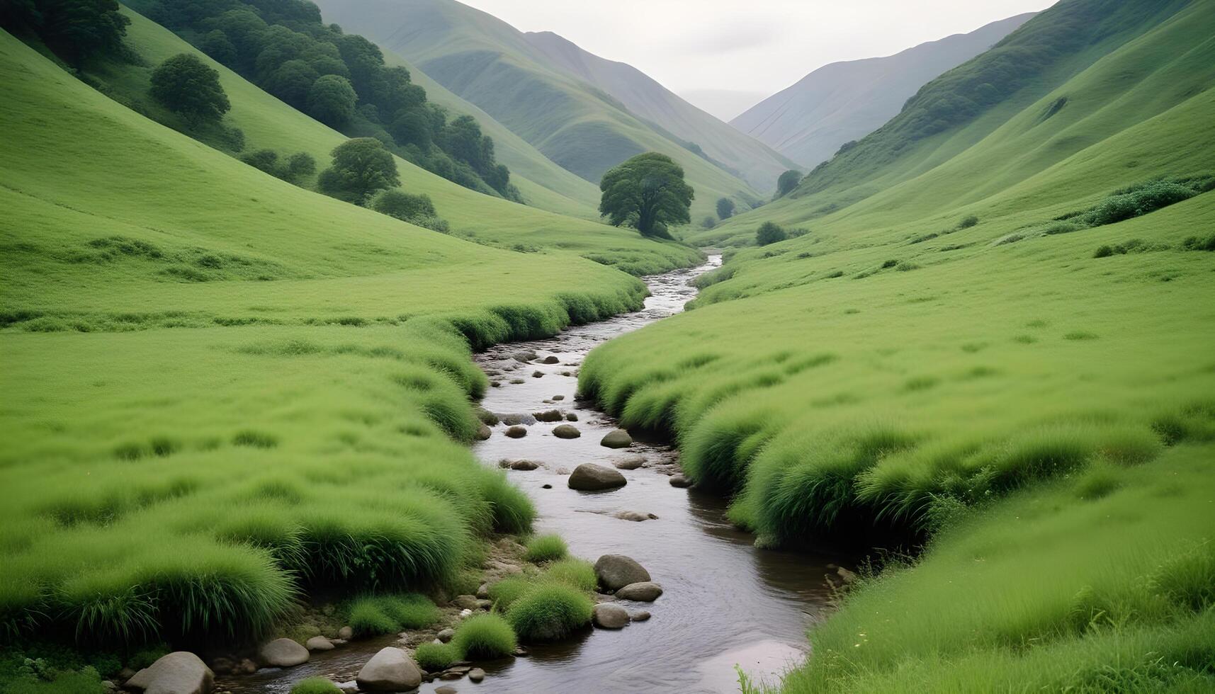 Peaceful countryside featuring rolling hills and a gently flowing stream photo