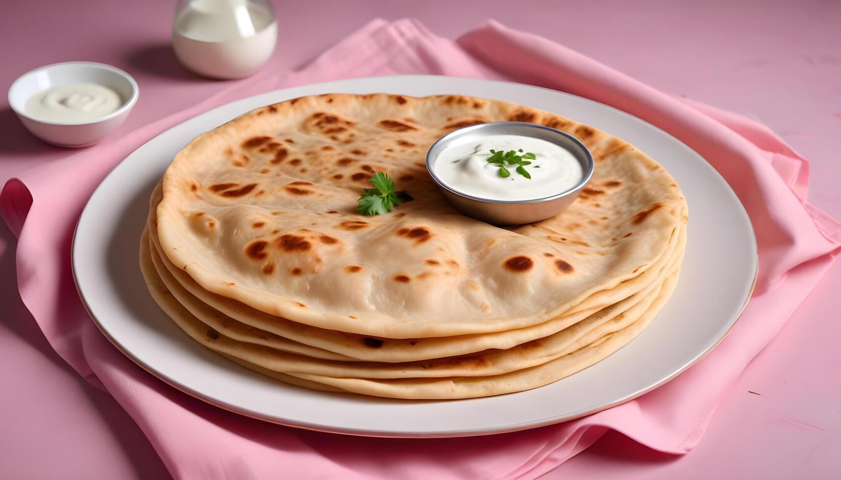 Perfectly cooked aloo paratha with smooth yogurt for dipping photo