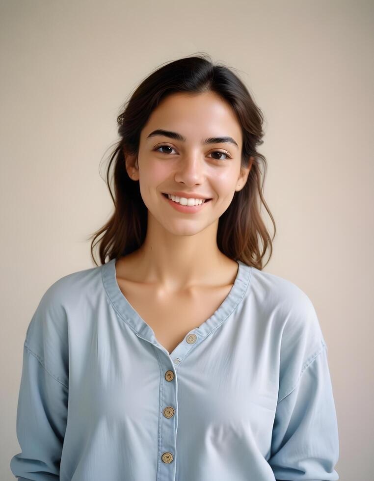 Close up of a smiling Middle Eastern woman with a soft background and medium brown skin photo