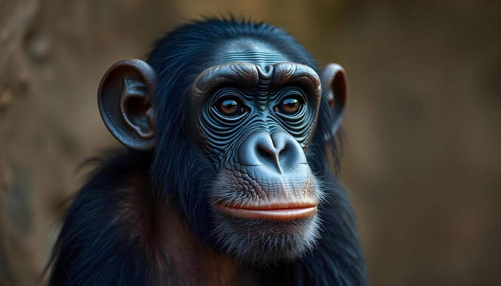 Close up of chimpanzee with dark fur, large eyes, and thoughtful expression photo