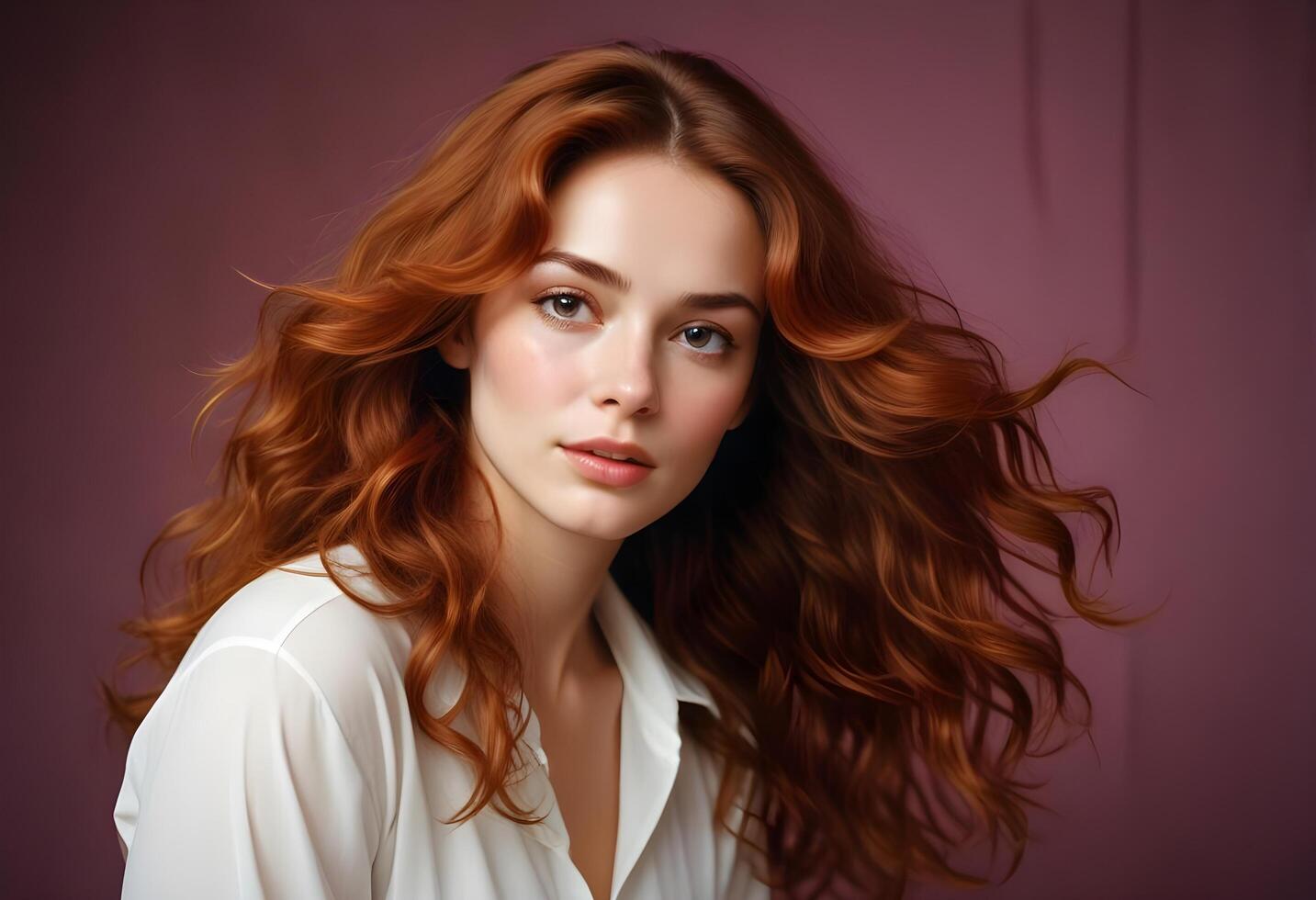 Studio portrait of a Russian girl with flowing dark hair and an intense gaze in a neutral setting photo
