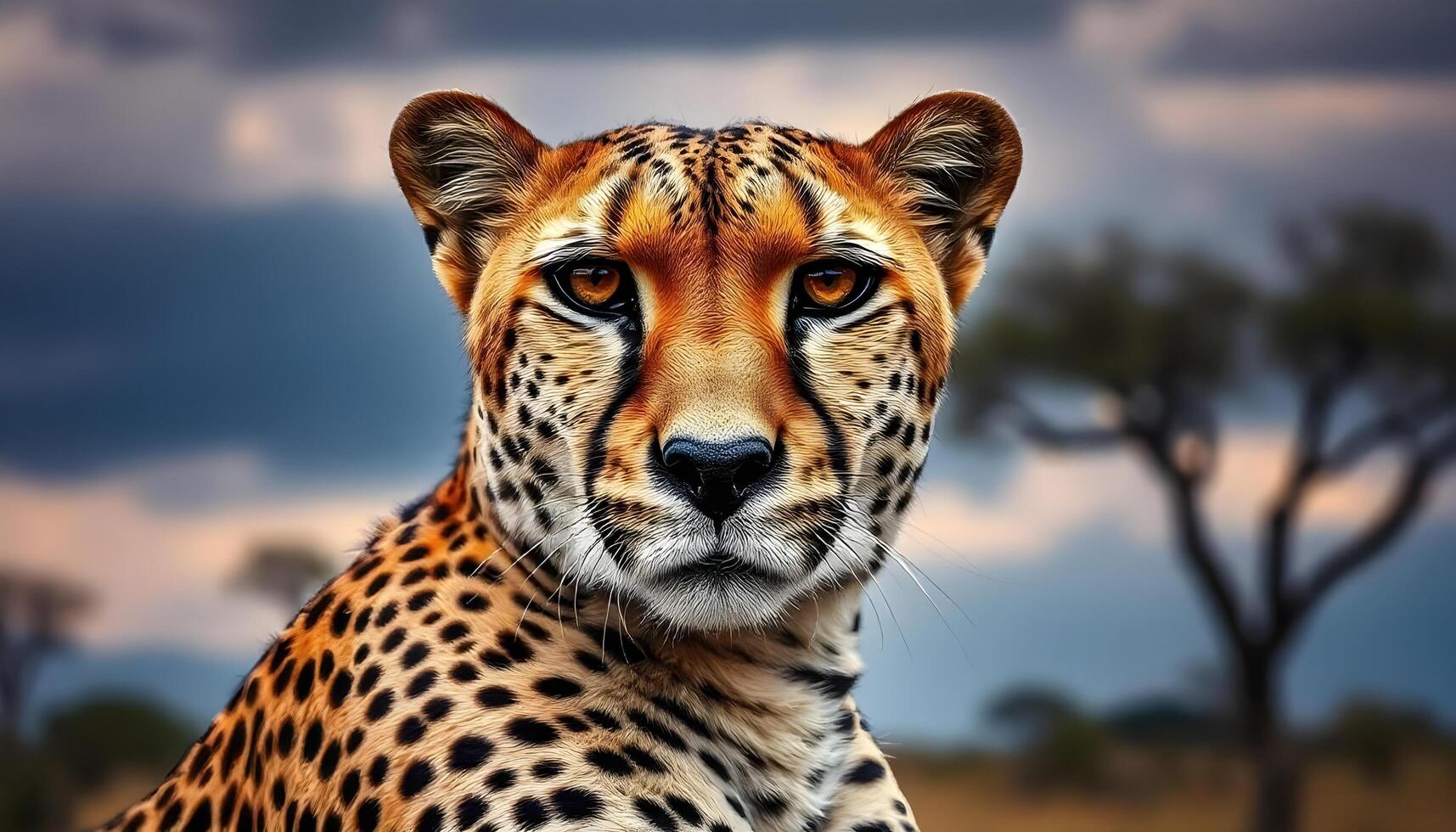 Close up of a cheetah highlighting its muscular form and intense gaze, set against a softly blurred savanna landscape photo