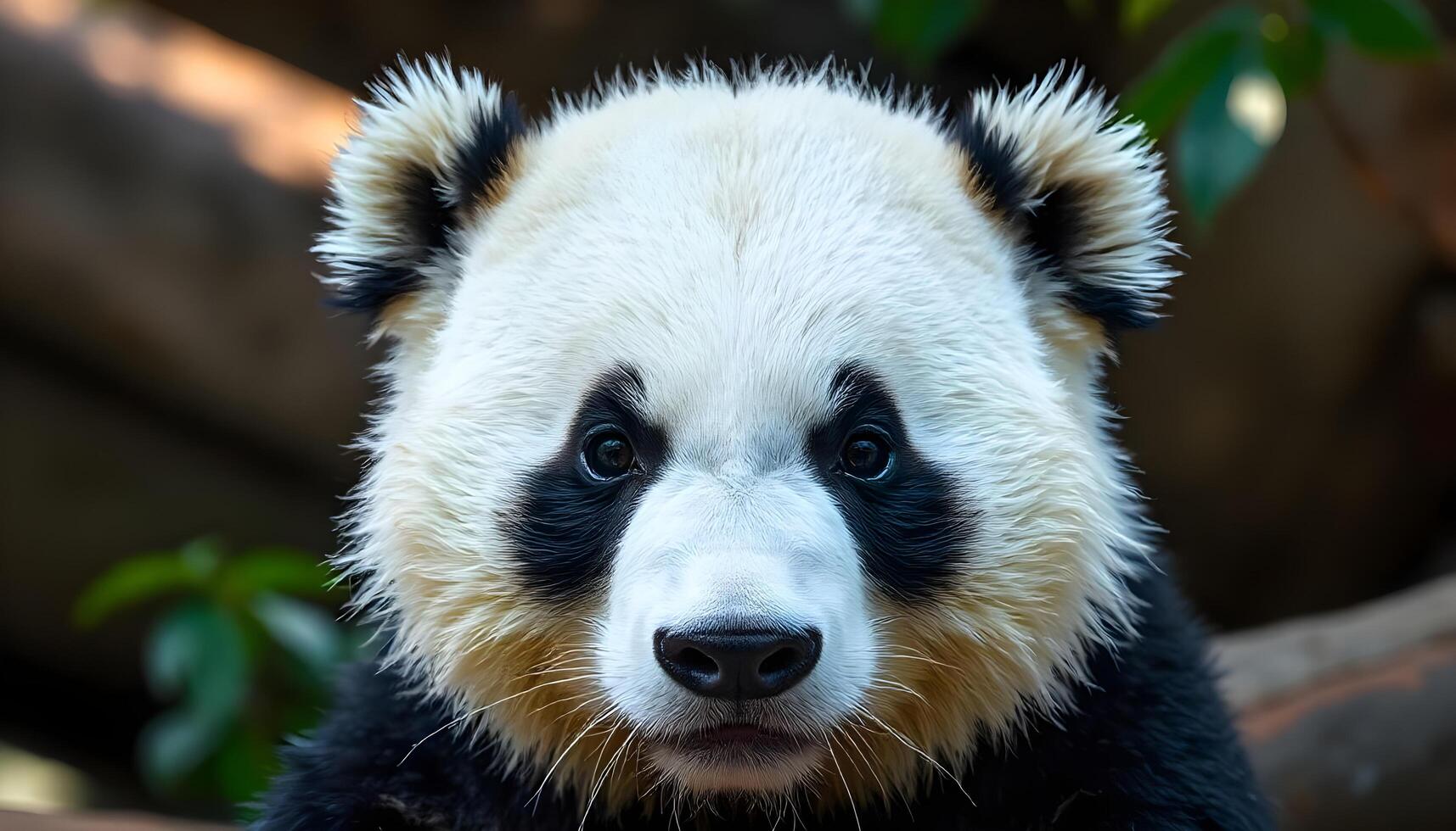 Close up of a giant panda with sparkling eyes and detailed fur against a blurred habitat photo