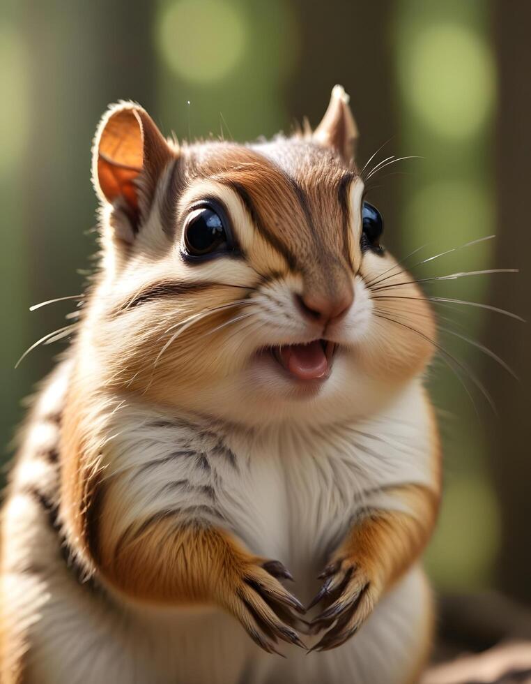 Close up of female chipmunk with textured fur and stuffed cheek pouches in soft light photo