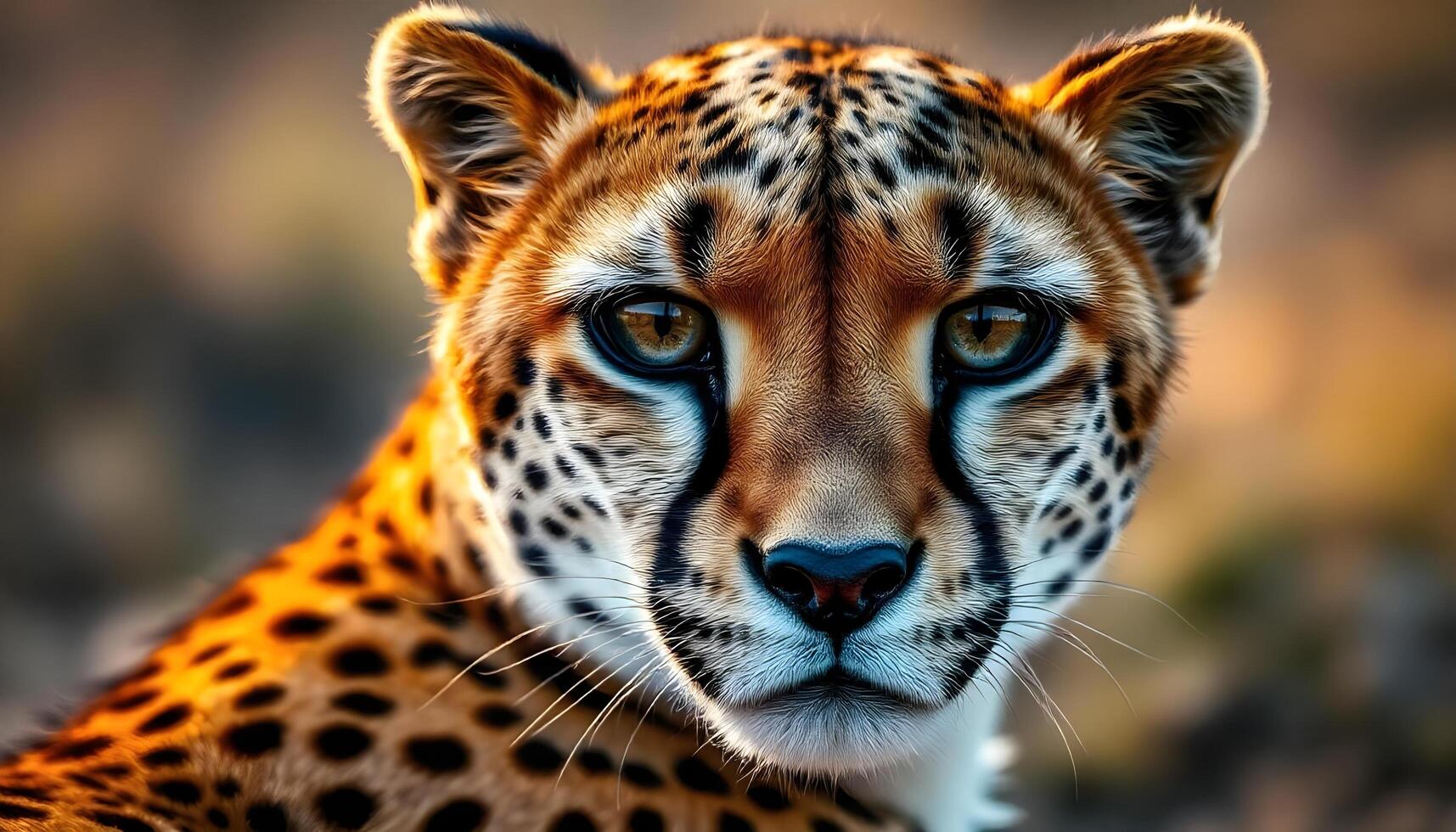 Close up of female cheetah with sharp gaze and smooth fur against blurred savannah photo