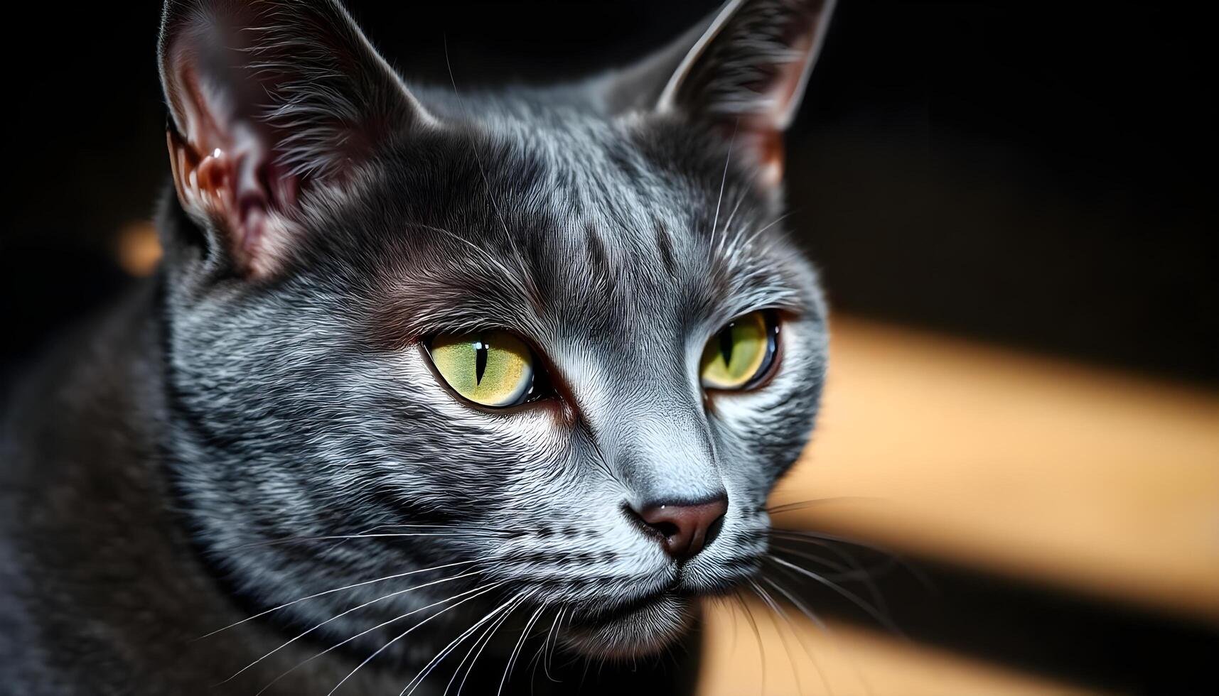 Close up of Russian Blue with focused gaze and outlined whiskers against blurred background photo