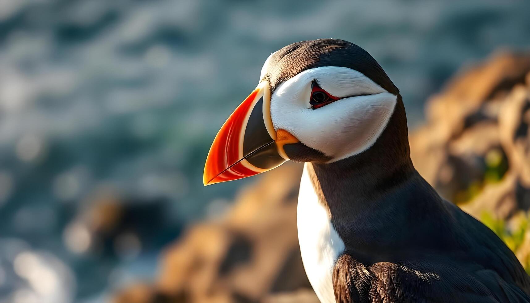 Atlantic Puffin with vibrant beak perched on a rocky cliff at sunrise photo