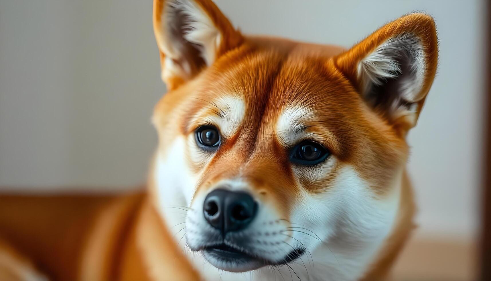 Shiba Inu with smooth red fur and focused gaze in blurred background photo