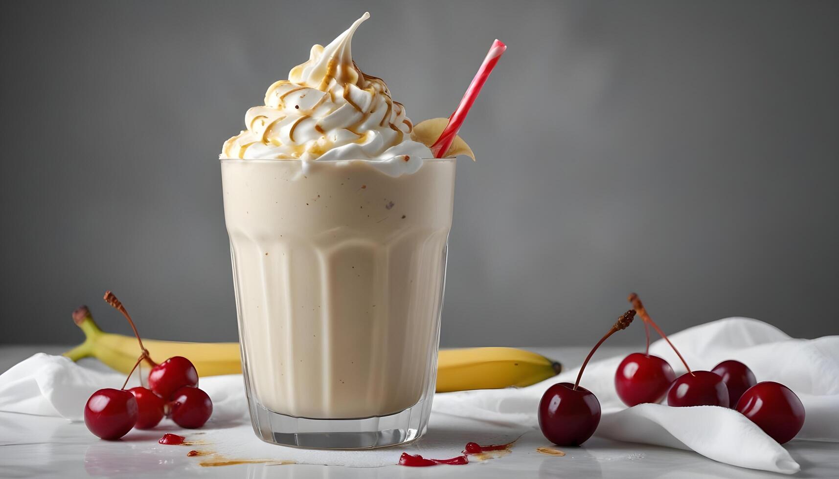Thick milkshake with velvety whipped cream and a cherry on top photo