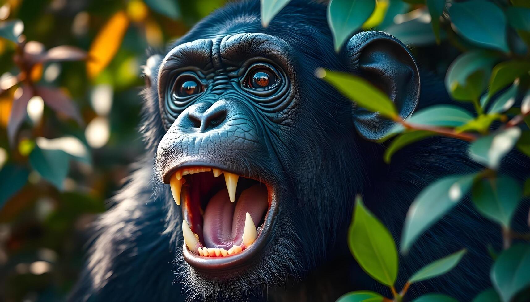 Playful chimpanzee showing sharp teeth in foliage photo