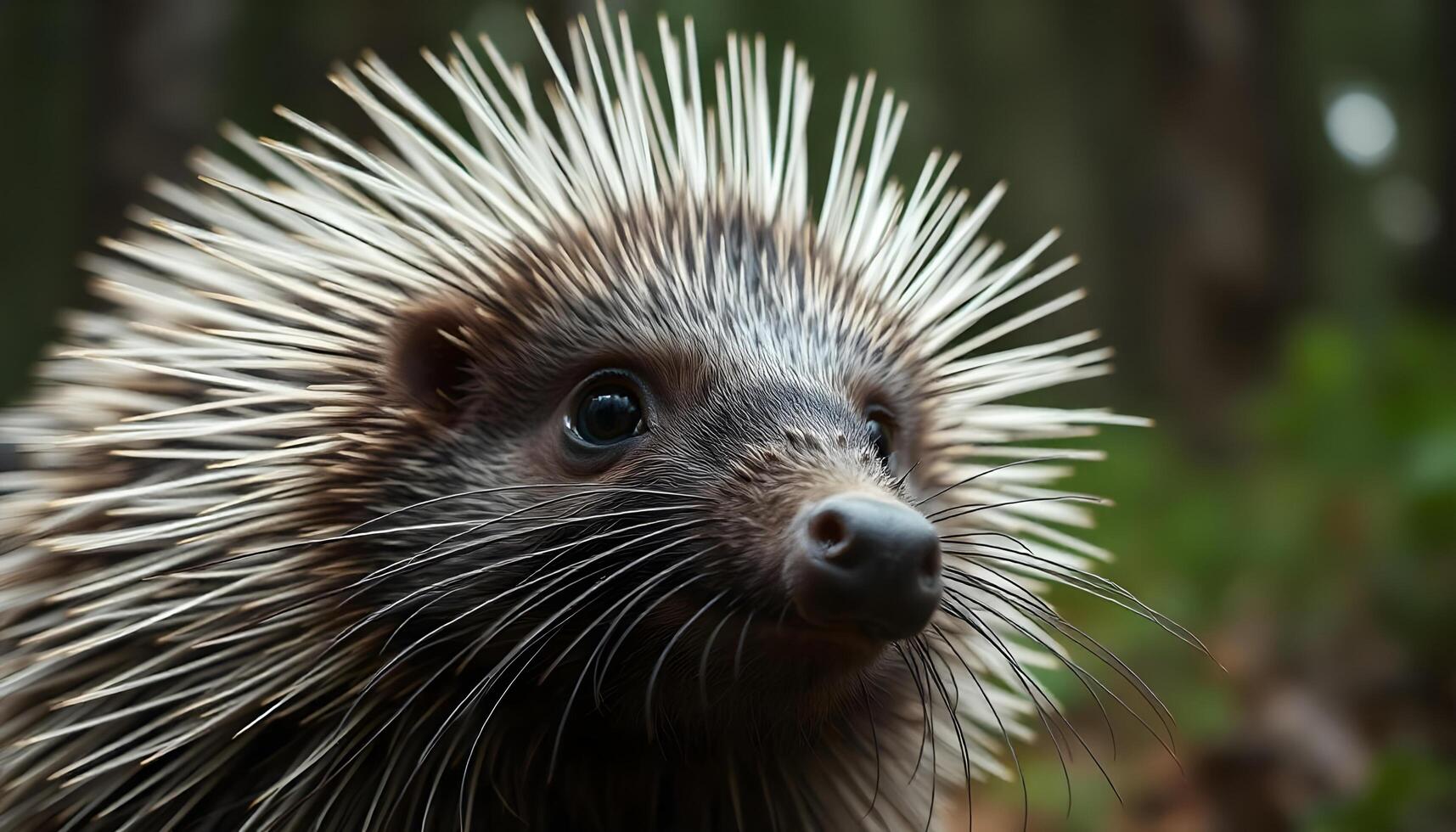 Extreme close up of a male porcupine with sharp quills and a curious expression photo