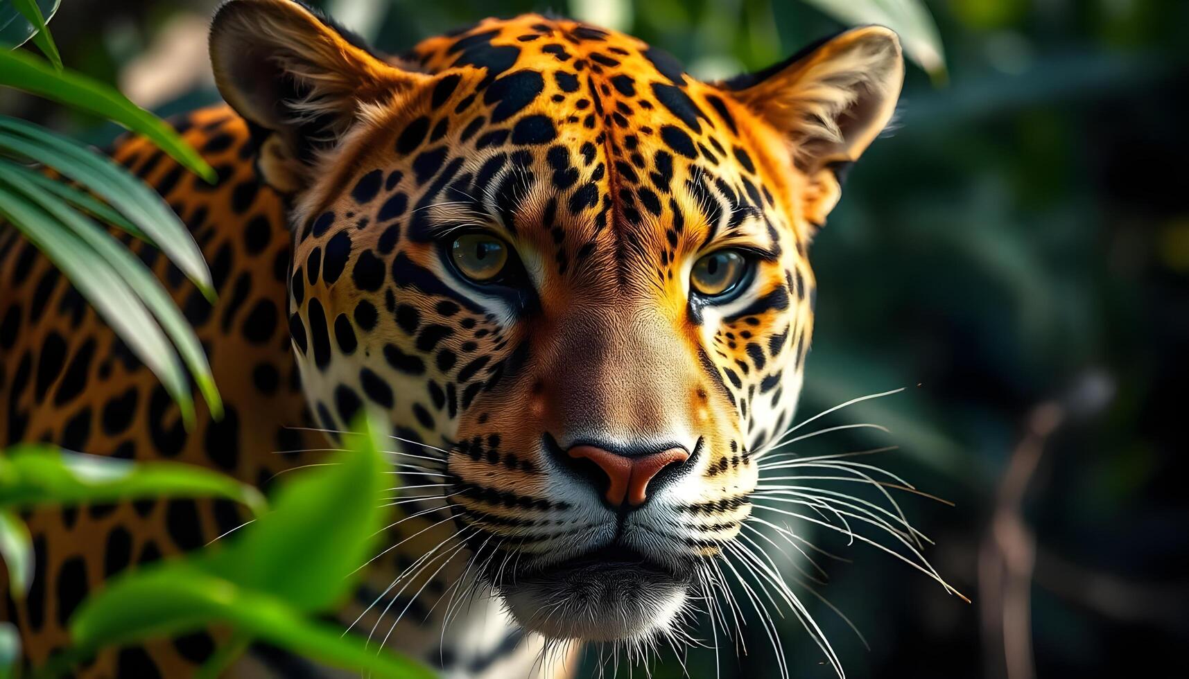 Jaguar close up, sharp rosettes, tropical rainforest background photo