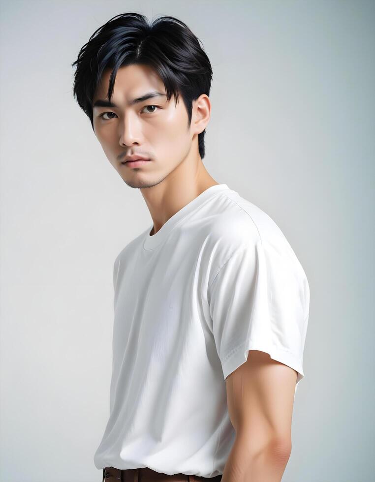 Professional Japanese male model exuding confidence against a neutral backdrop photo