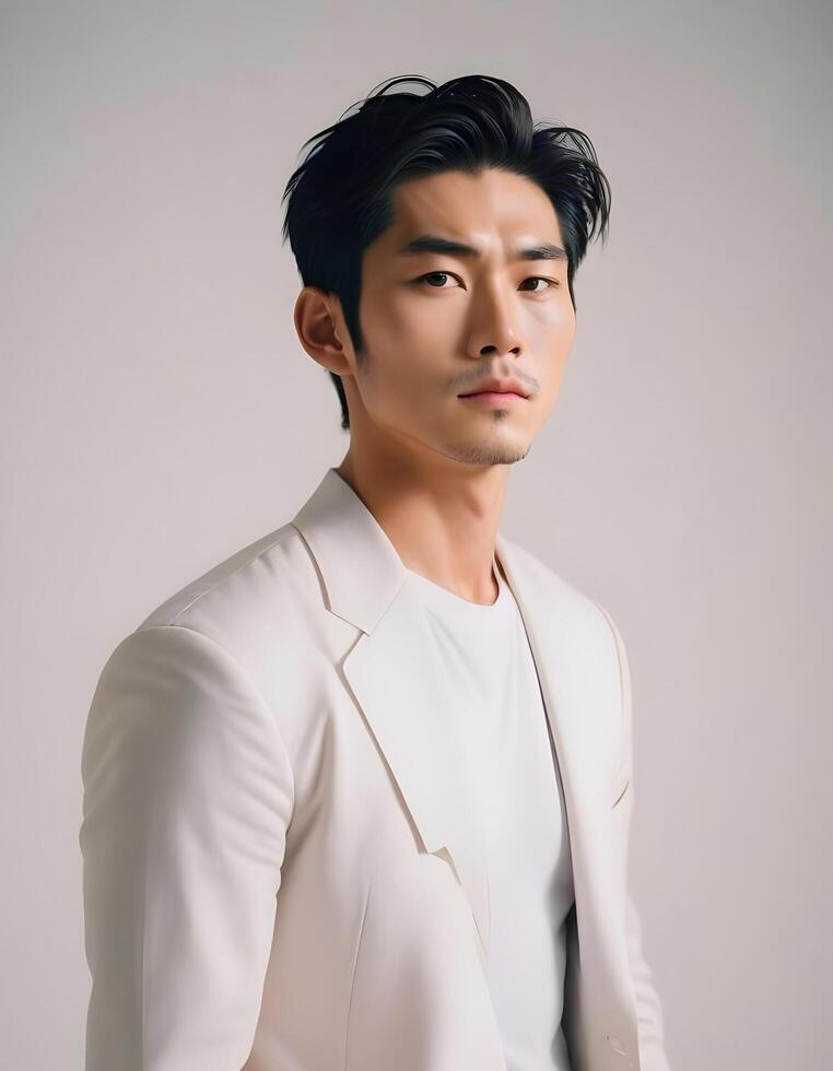 Elegant Japanese male model striking a pose against a neutral backdrop photo