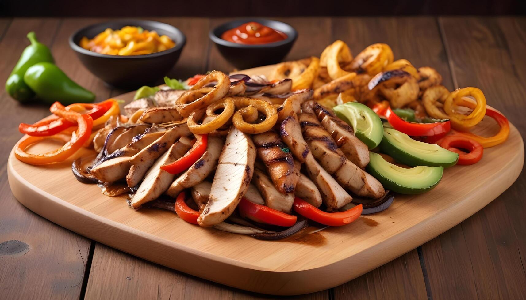 Flavorful grilled chicken fajitas with colorful bell peppers and onions, served sizzling photo