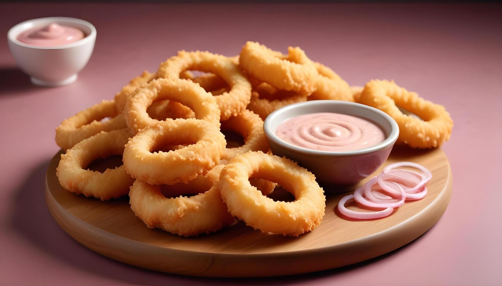 Thick cut onion rings with a crispy coating served with tangy dipping sauce photo