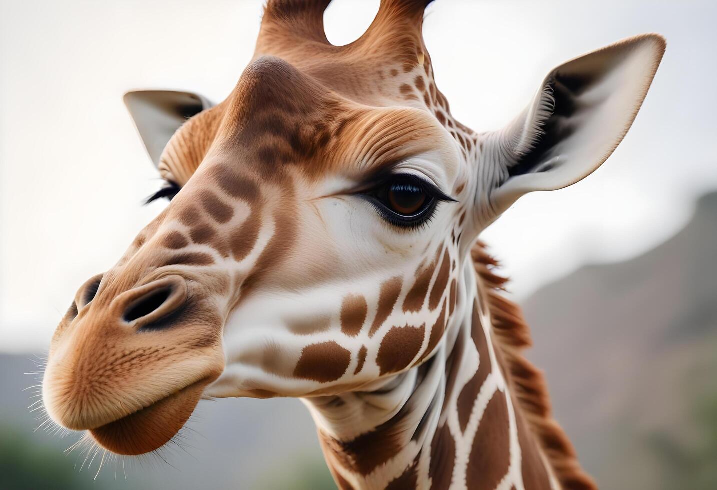 Female giraffe with unique coat patterns and slightly extended tongue photo