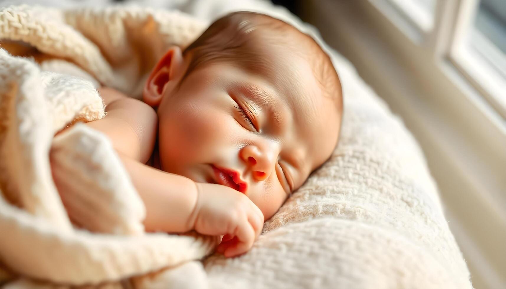 Peaceful close up of a sleeping newborn, illuminated by window light photo