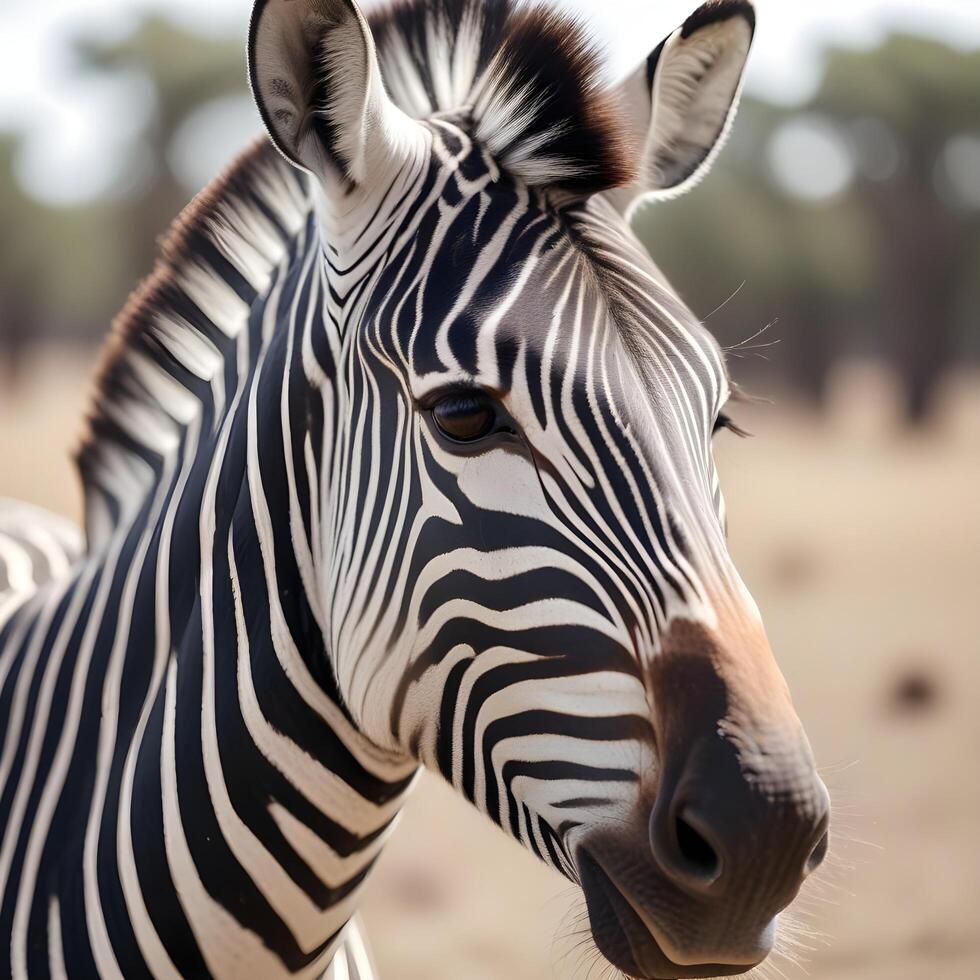 Portrait of a zebra, capturing the bold contrast of its striped coat, focused gaze, and soft, golden savannah lighting in the background photo