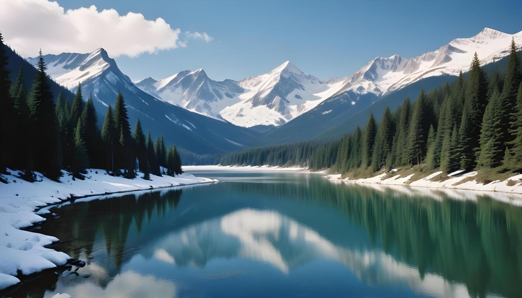 Peaceful Mountain Retreat with a Calm Lake and Towering Pines photo