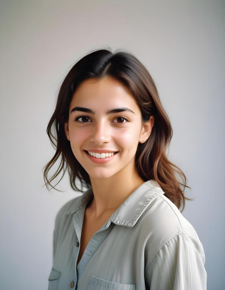 Middle Eastern woman smiling, with medium brown skin and shoulder length dark hair photo
