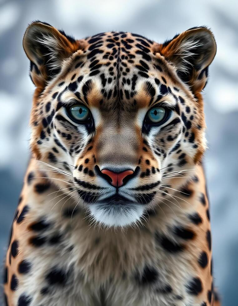 Close Up of Male Snow Leopard with Piercing Eyes and Striking Rosettes photo