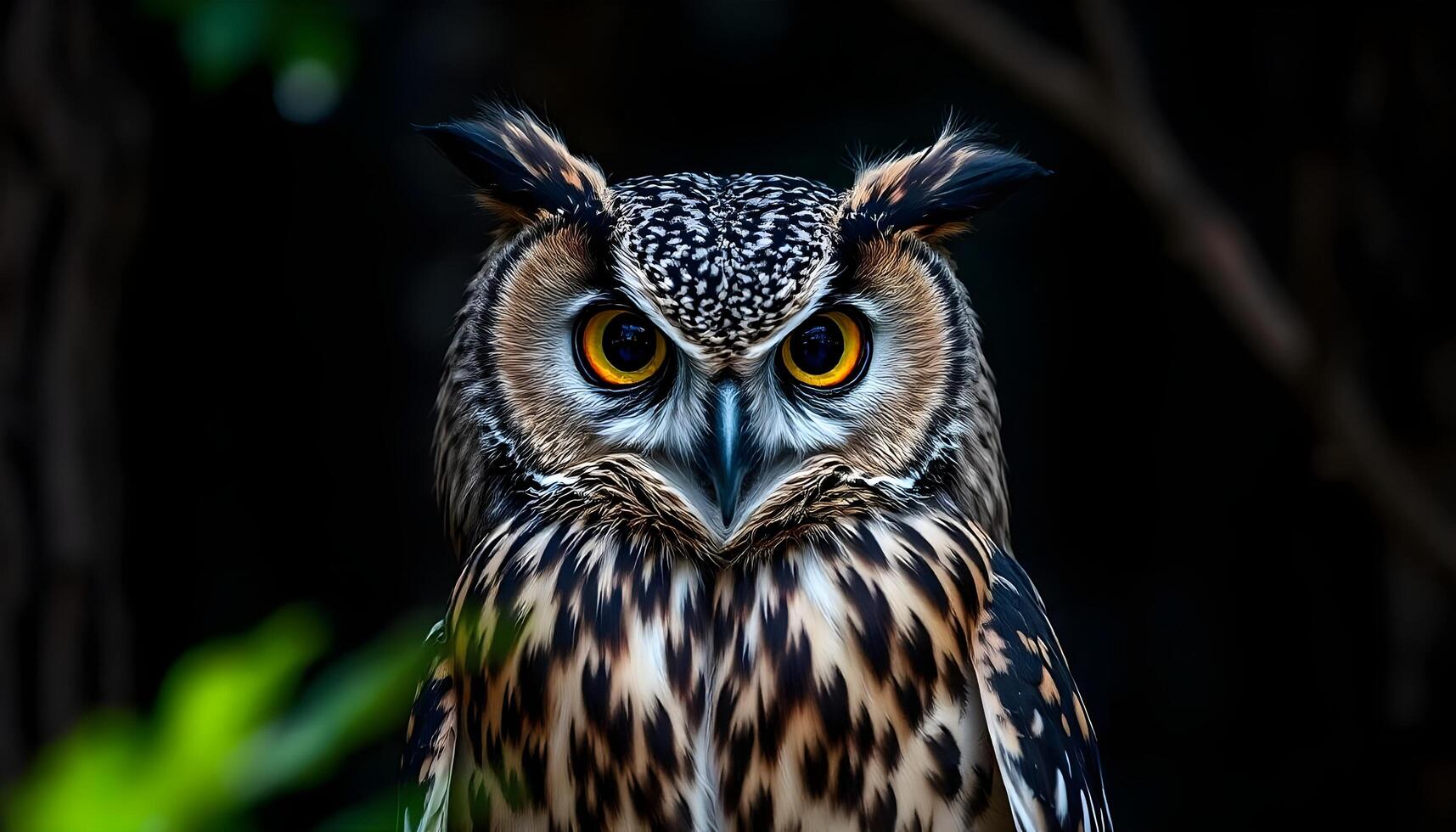 Portrait of a wise owl with large, round eyes, focusing on its feather patterns and a dark forest backdrop photo