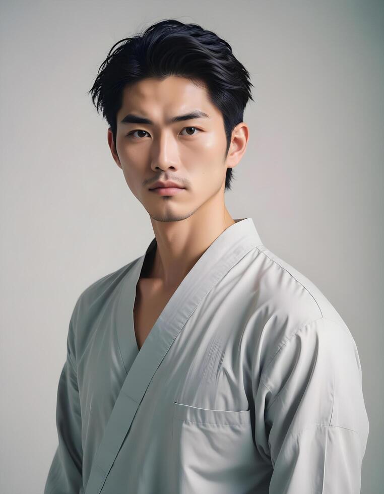 Japanese male model showcasing a refined look, posed against a simple background photo