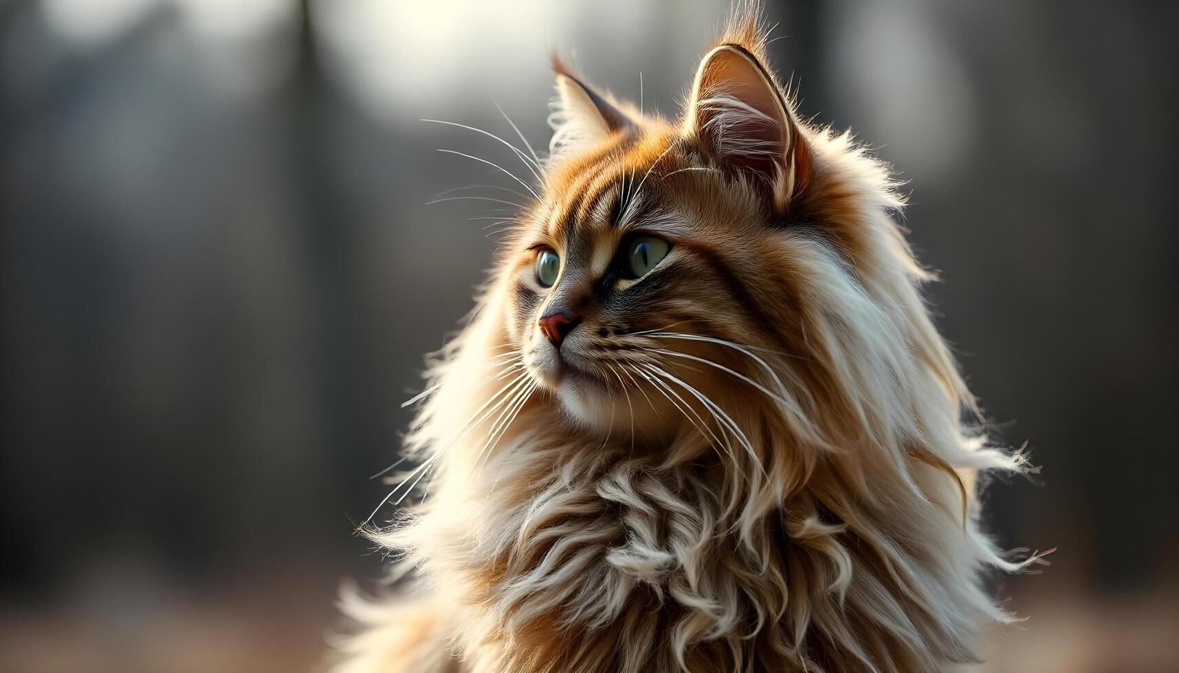 Profile of a fluffy Maine cat, head turned slightly, eyes gazing off into the distance photo